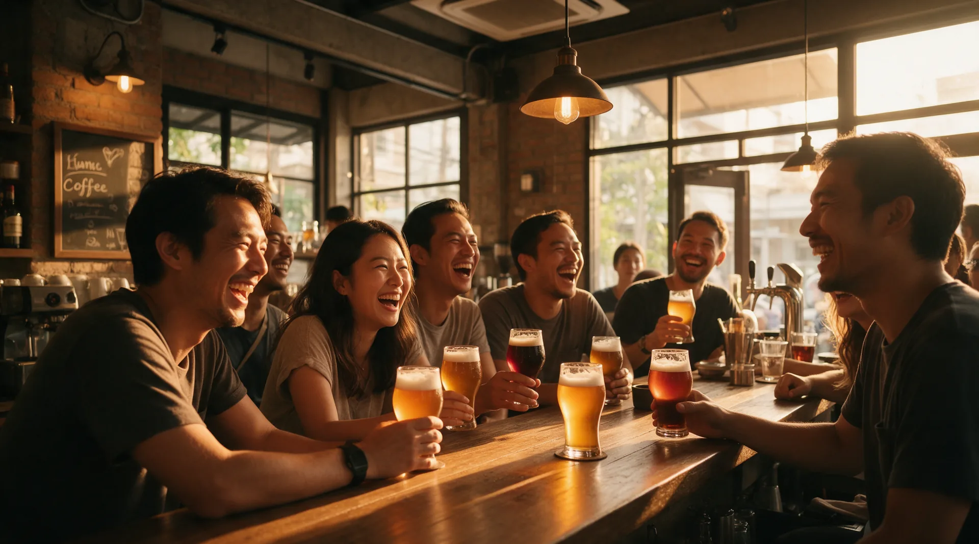 People gathered with craft beer in warm golden evening light