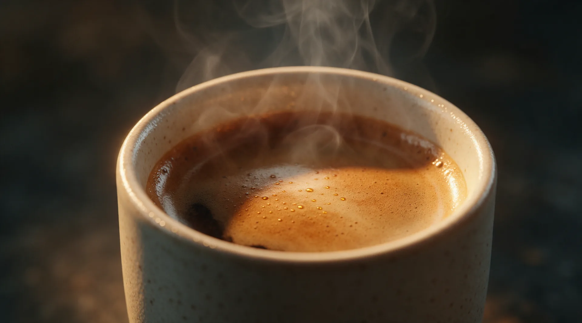 Steam rising from a fresh pour of specialty coffee in golden morning light