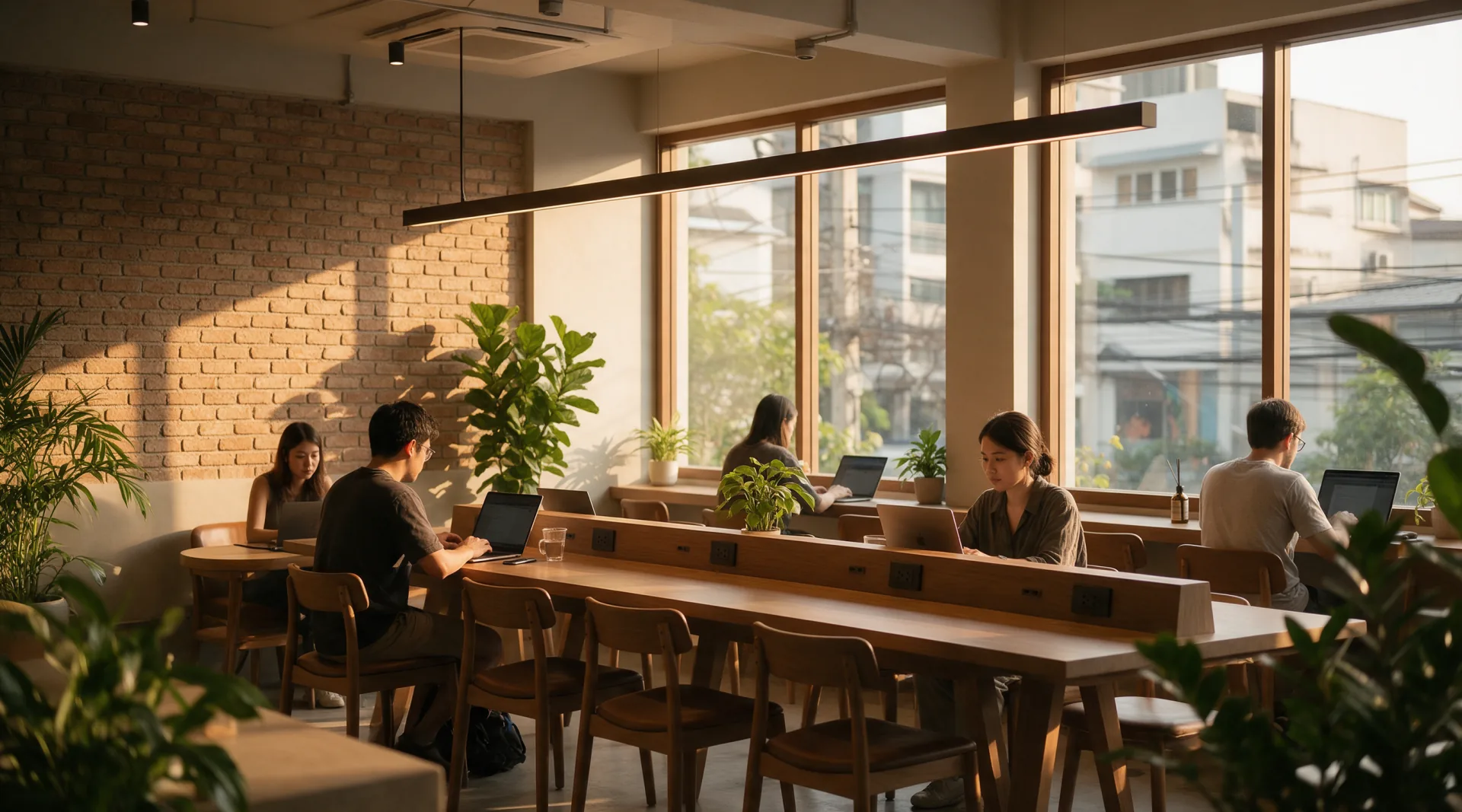 Clean workspace with natural light, outlets at every seat, people working on laptops